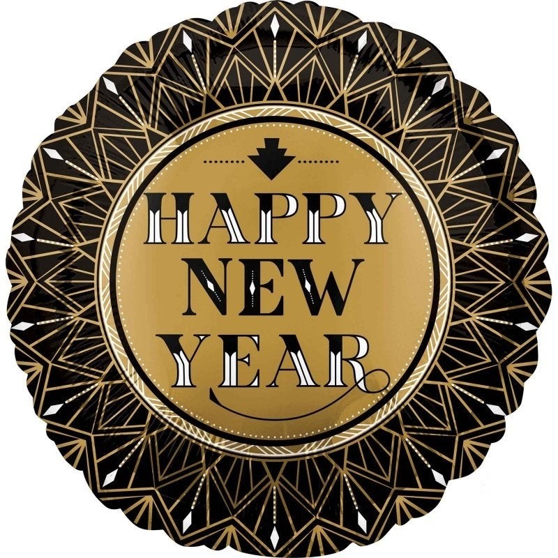 BALLON METALLIQUE ROND HAPPY NEW YEAR NOIR ET OR 43 CM BALLON METALLIQUE ROND HAPPY NEW YEAR NOIR ET OR 43 CM