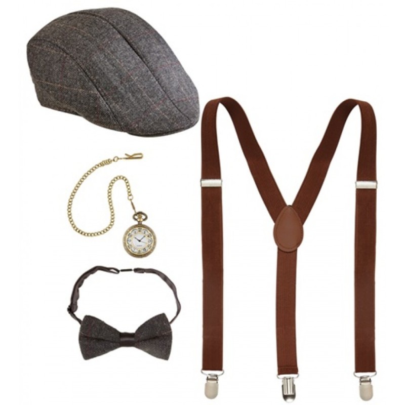 SET ANNEES 20 HOMME CASQUETTE+ BRETELLES+ MONTRE+ NOEUD SET ANNEES 20 HOMME CASQUETTE+ BRETELLES+ MONTRE+ NOEUD