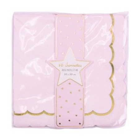 16 SERVIETTES FESTONNEES ROSE PASTEL ET OR 33 X 33 CM