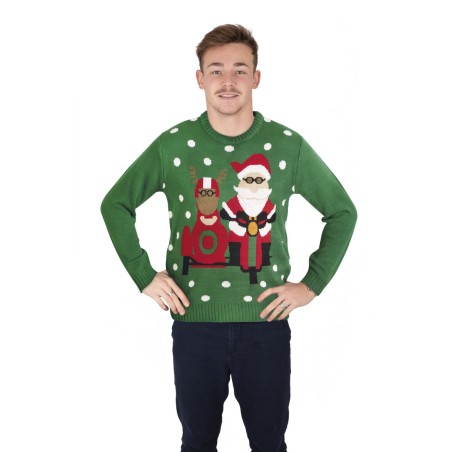 PULL DE NOEL ADULTE VERT AVEC PERE NOEL MOTARD TAILLE S