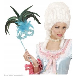 MASQUE LOUP FACE A MAIN BLEU TURQUOISE STRASS ET PLUME