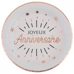 10 ASSIETTES RONDES BLANC JOYEUX ANNIVERSAIRE ROSE GOLD ET NOIR 23 CM