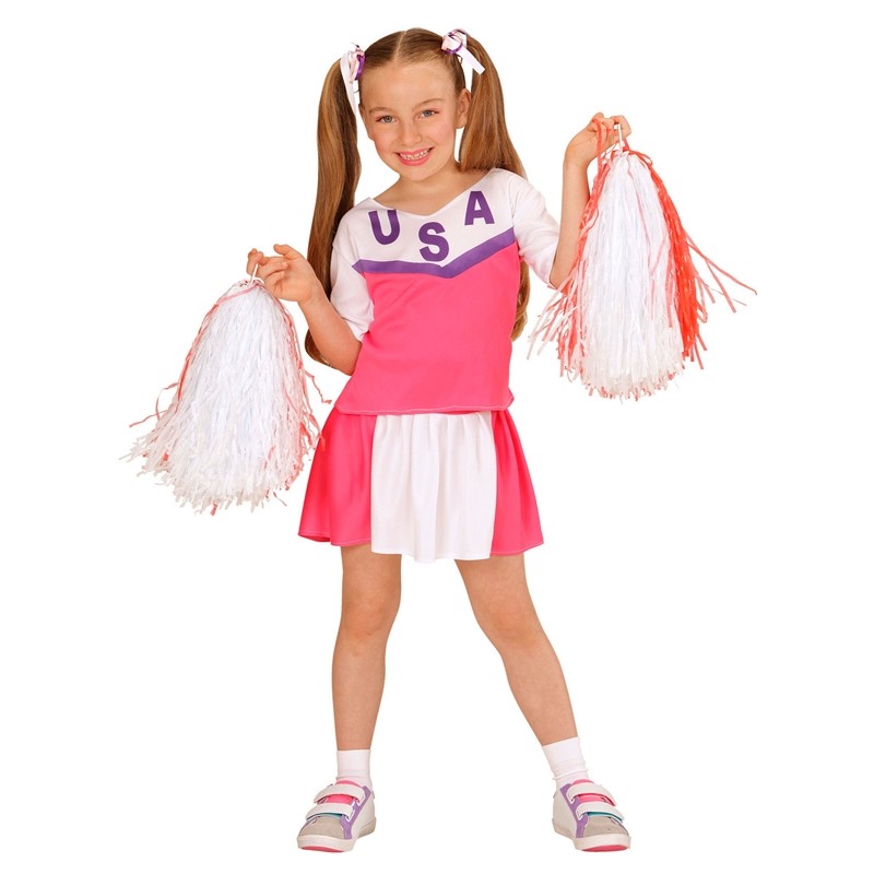 DEGUISEMENT ENFANT POMPOM GIRL ROSE ET BLANC USA TAILLE 128 CM 