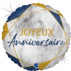 BALLON ROND METALLIQUE JOYEUX ANNIVERSAIRE MARBE BLEU 46 CM 