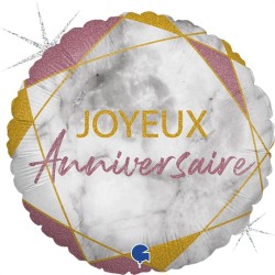 BALLON ROND METALLIQUE JOYEUX ANNIVERSAIRE MARBE ROSE 46 CM 