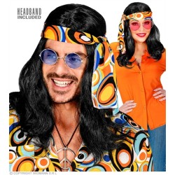 PERRUQUE LONGUE NOIR HIPPIE AVEC BANDEAU 