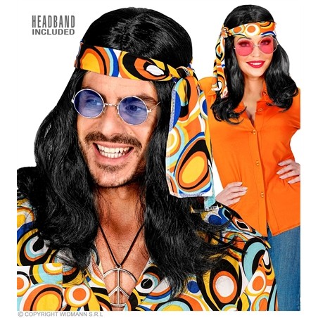 PERRUQUE LONGUE NOIR HIPPIE AVEC BANDEAU 