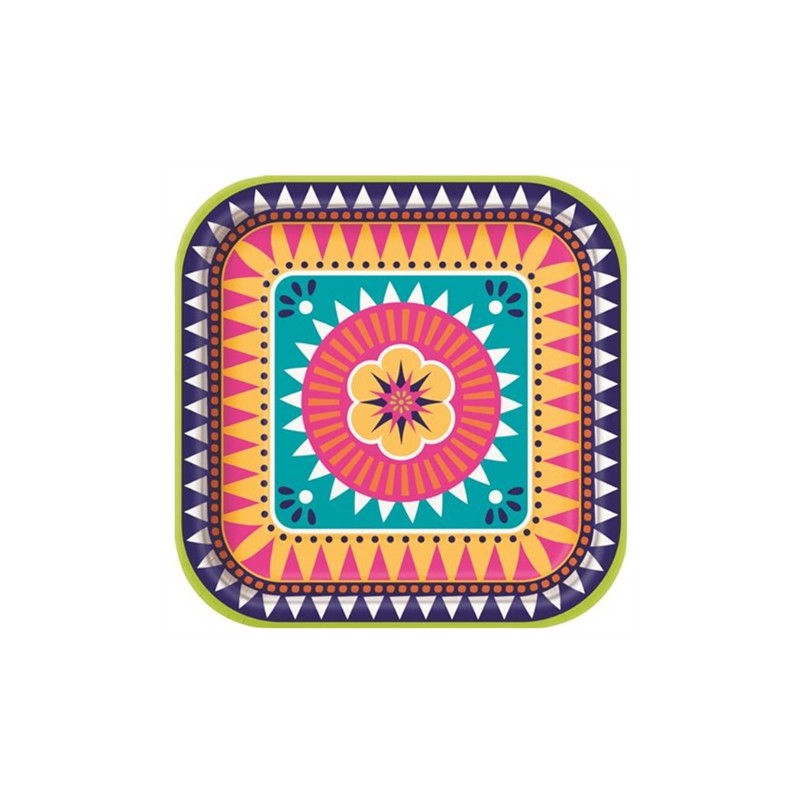 8 ASSIETTES COLOREES BOHO FIESTA 22.2 X 22.2 CM