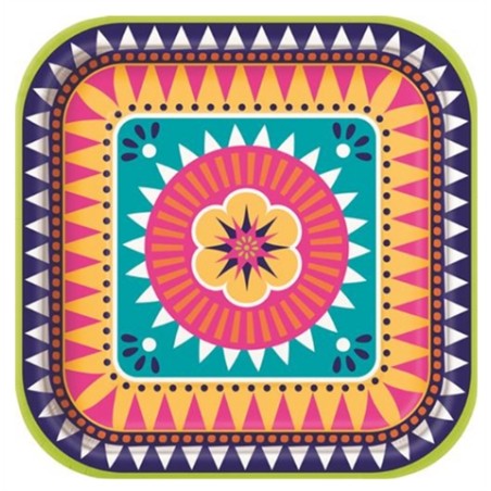 8 ASSIETTES COLOREES BOHO FIESTA 22.2 X 22.2 CM