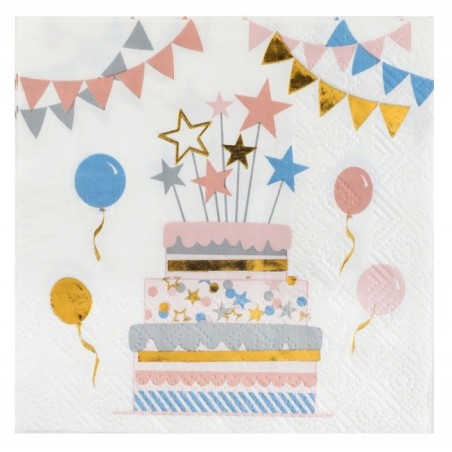 20 SERVIETTES BLANCHE GATEAU D'ANNIVERSAIRE KITTY PARTY 25 X 25 CM 