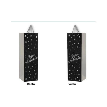 SAC CADEAU POUR BOUTEILLE NOIR ET ARGENT JOYEUX ANNIVERSAIRE