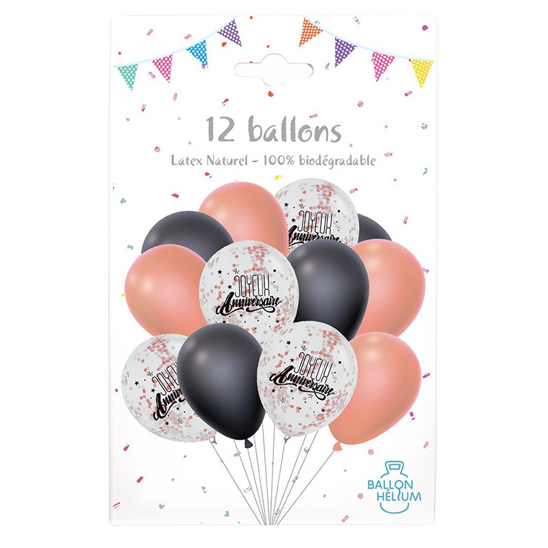 SACHET DE 12 BALLONS JOYEUX ANNIVERSAIRE ROSE GOLD NOIR ET TRANSPARENT 30 CM SACHET DE 12 BALLONS JOYEUX ANNIVERSAIRE ROSE GOLD NOIR ET TRANSPARENT 30 CM