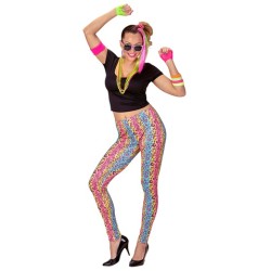 DEGUISEMENT FEMME ANNEES 80 TEE SHIRT LEGGINGS ET COLLIERS FLUO TAILLE S