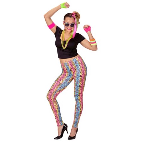 DEGUISEMENT FEMME ANNEES 80 TEE SHIRT LEGGINGS ET COLLIERS FLUO TAILLE S