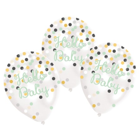 6 BALLONS LATEX HELLO BABY CONFETTIS 27 CM 