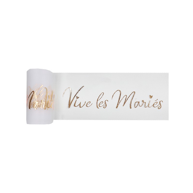 RUBAN TULLE BLANC  VIVE LES MARIES EN OR 8 CM X 10 M